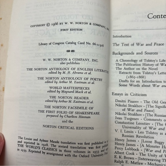 First Edition Norton Critical War and Peace by Leo Tolstoy Vintage 1960 - Picture 3 of 3